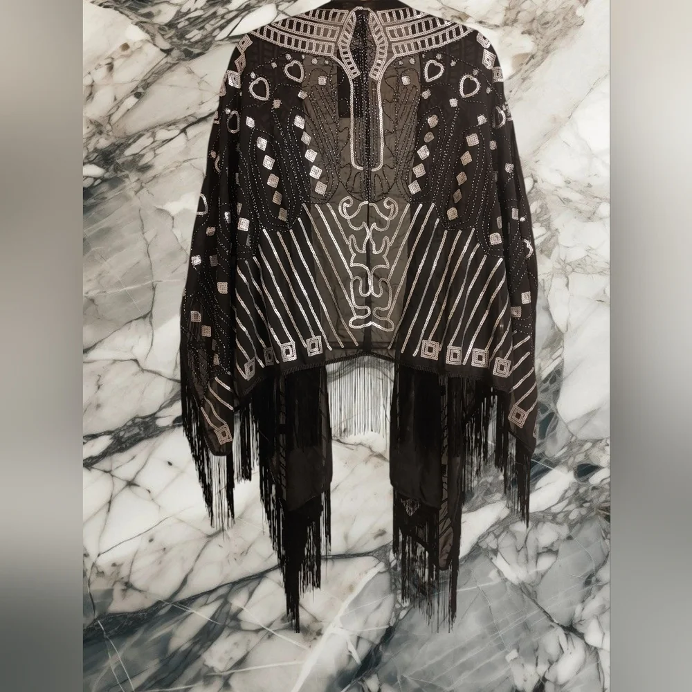 NEW Anna-kaci Shawl Wrap Cape Black With Silver Sequins One Size